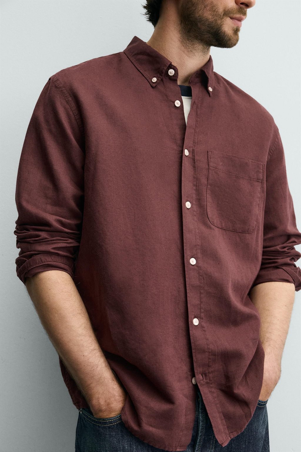 CAMISA LINO - ALGOD?N / Granate - Zara фото 6