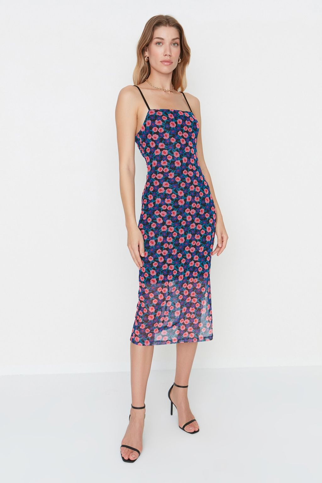 Mor Ask?l? Fitted/Vucuda Oturan Kare Yaka Tul Midi Esnek Orme Kalem Elbise TWOSS22EL00726