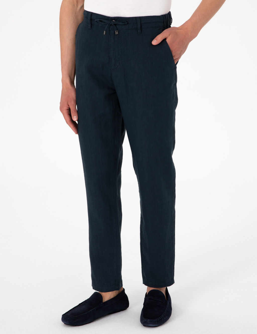 Lacivert Carrot Fit %100 Keten Beli Lastikli _pli Kanvas Pantolon