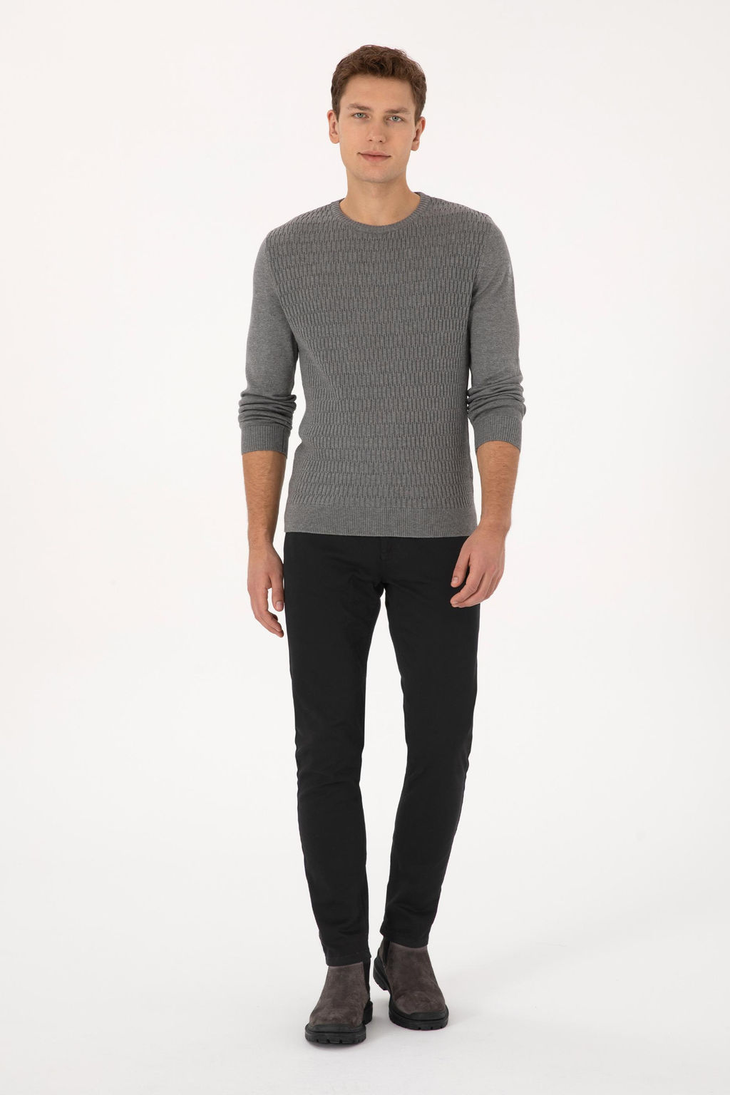 Erkek Regular Fit Bisiklet Yaka Gri Melanj Desenli Kazak - U.s. polo assn фото 4