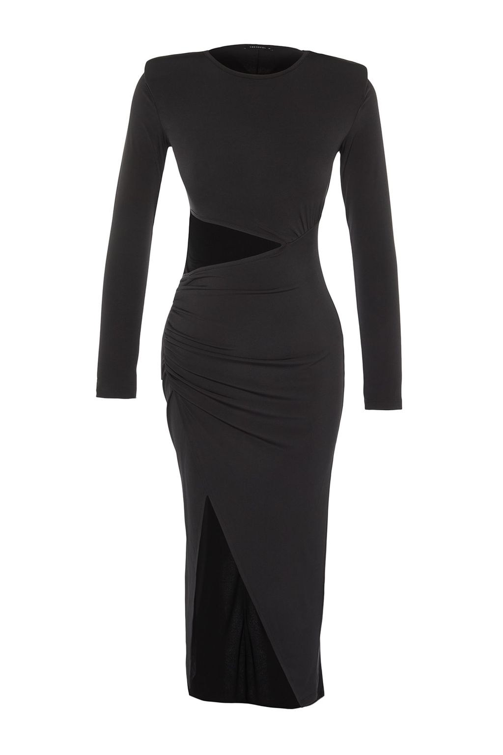 Trendyolmilla Siyah Kruvaze Yaka Cut Out/Pencere Detayl? Orme S?k Abiye Elbise TPRAW23EL00272