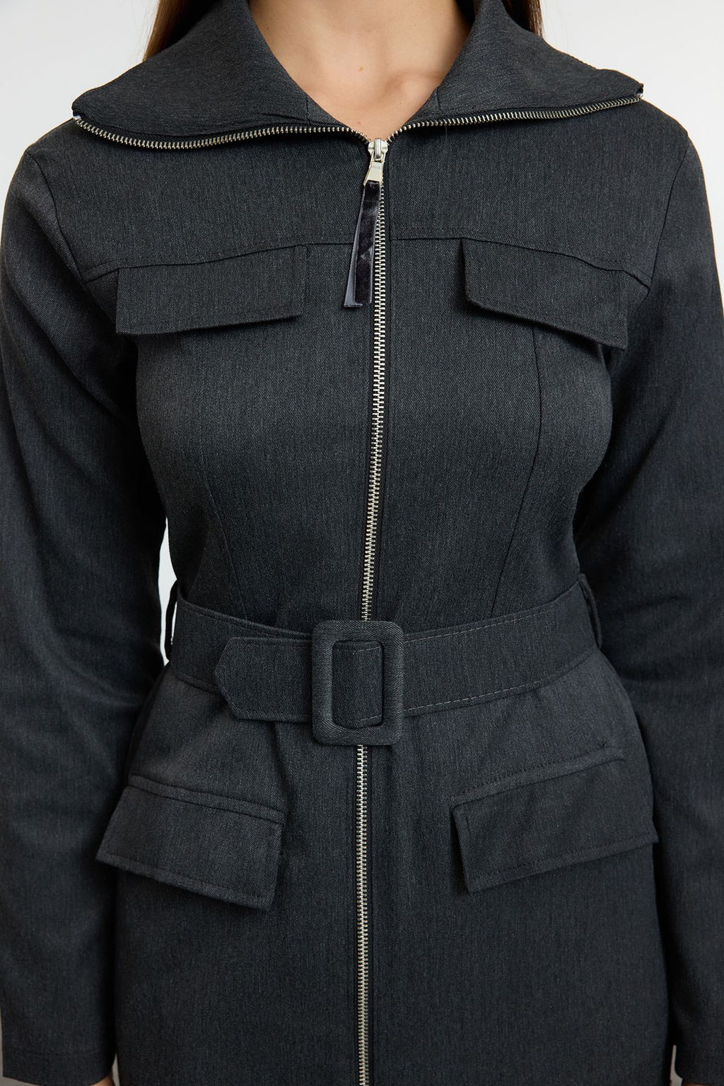 Trendyolmilla Lacivert Fermuarl? Cep Detayl? Gabardin Kumas Midi Dokuma Gomlek Elbise TWOAW25EL00261  фото 14