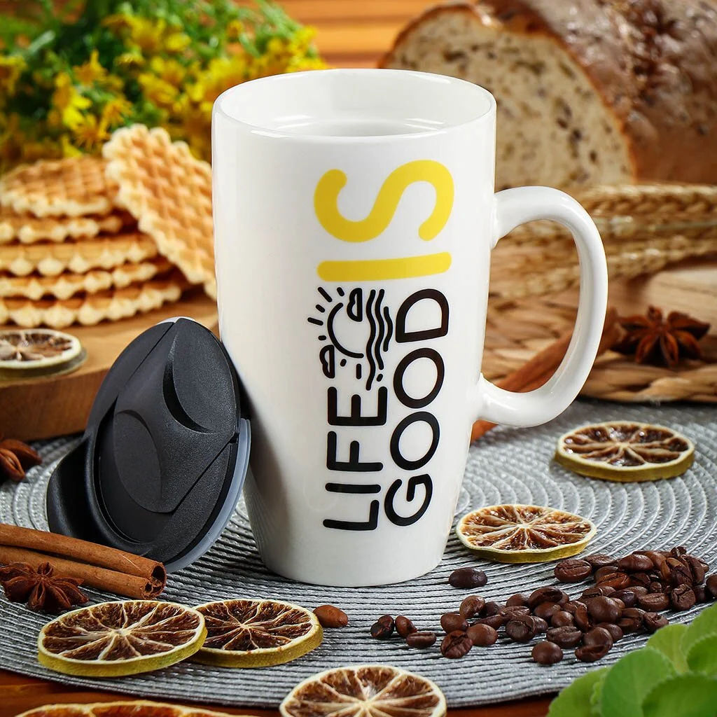 Кружка керамика 500мл, Life с крышкой, в ассортименте Y4-4402 (387024) /DANIKS/  фото 3