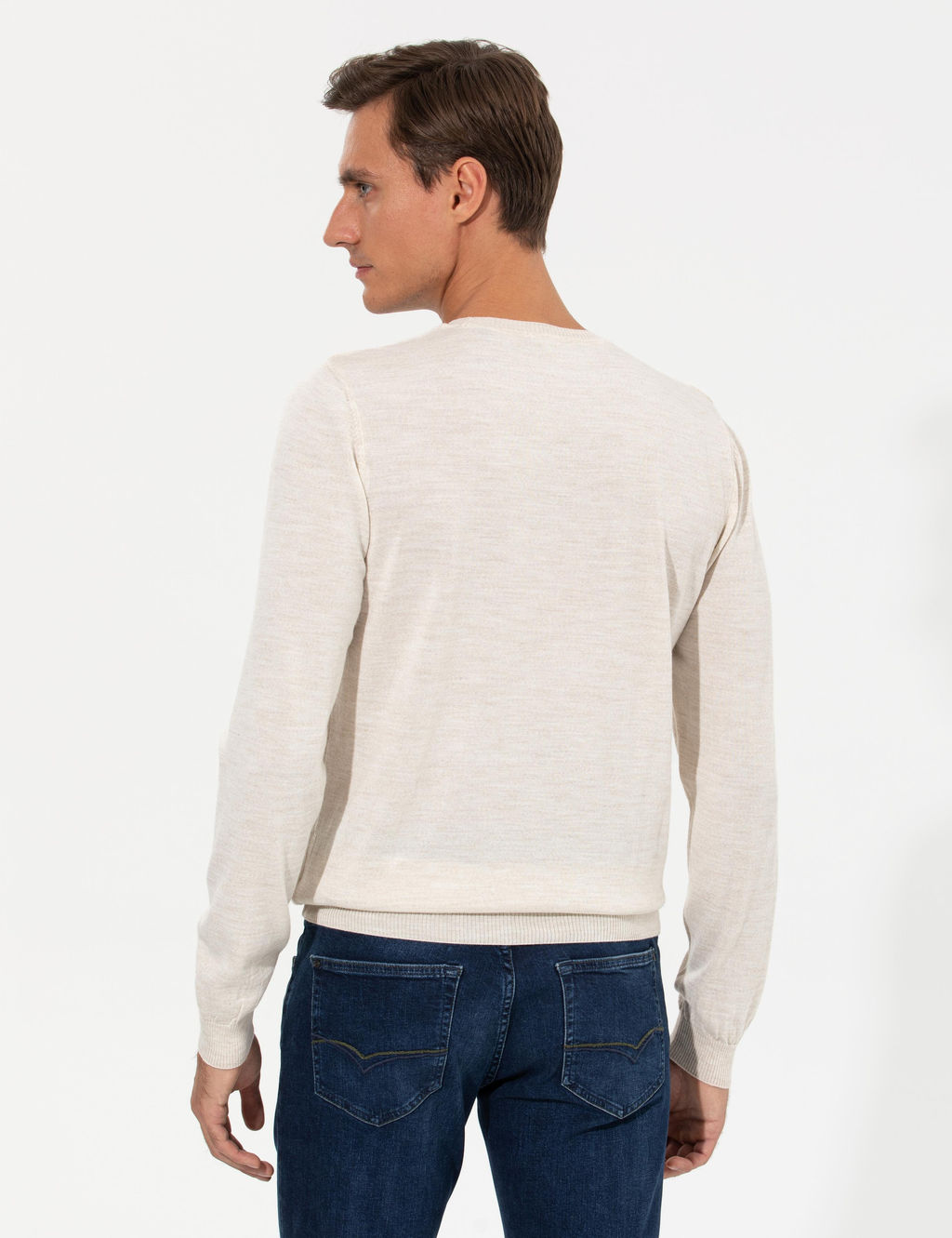 Ekru Slim Fit Bisiklet Yaka Triko Kazak