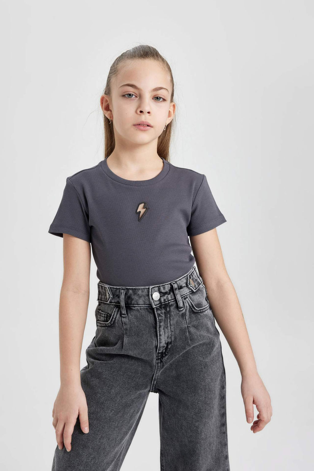 K?z Cocuk Slim Fit Dar Kesim Bisiklet Yaka Fitilli Kaskorse K?sa Kollu Tisort - Defacto фото 3