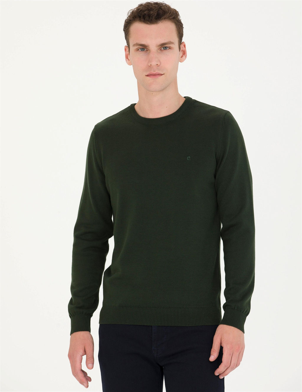 Koyu Ye_il Slim Fit Bisiklet Yaka Basic Triko Kazak