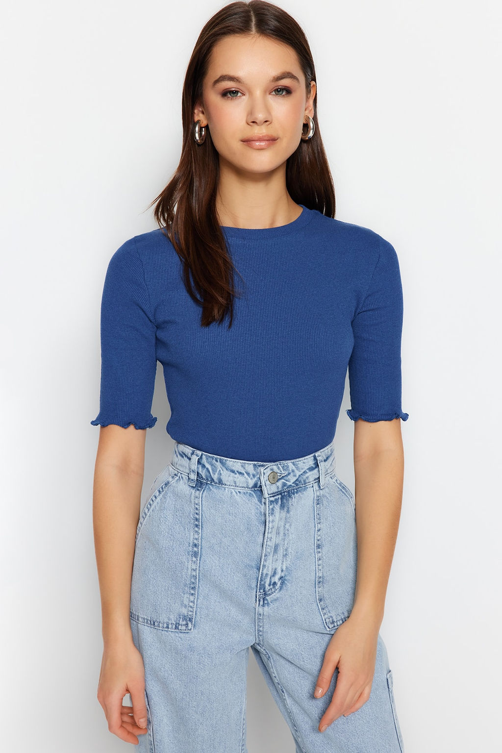 Saks Fitilli Fitted/Vucuda Oturan Bisiklet Yaka Esnek Orme Bluz TWOSS23BZ00025