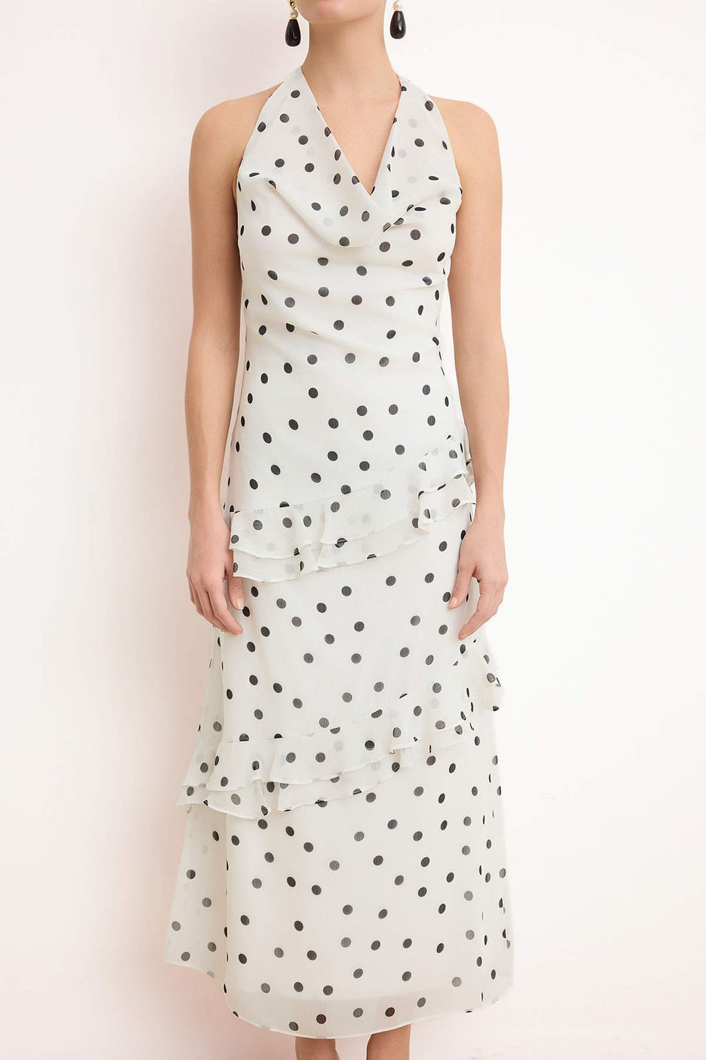 Ekru Puantiyeli F?rf?rl? Midi Astarl? Dokuma Elbise TWOSS26EL00071