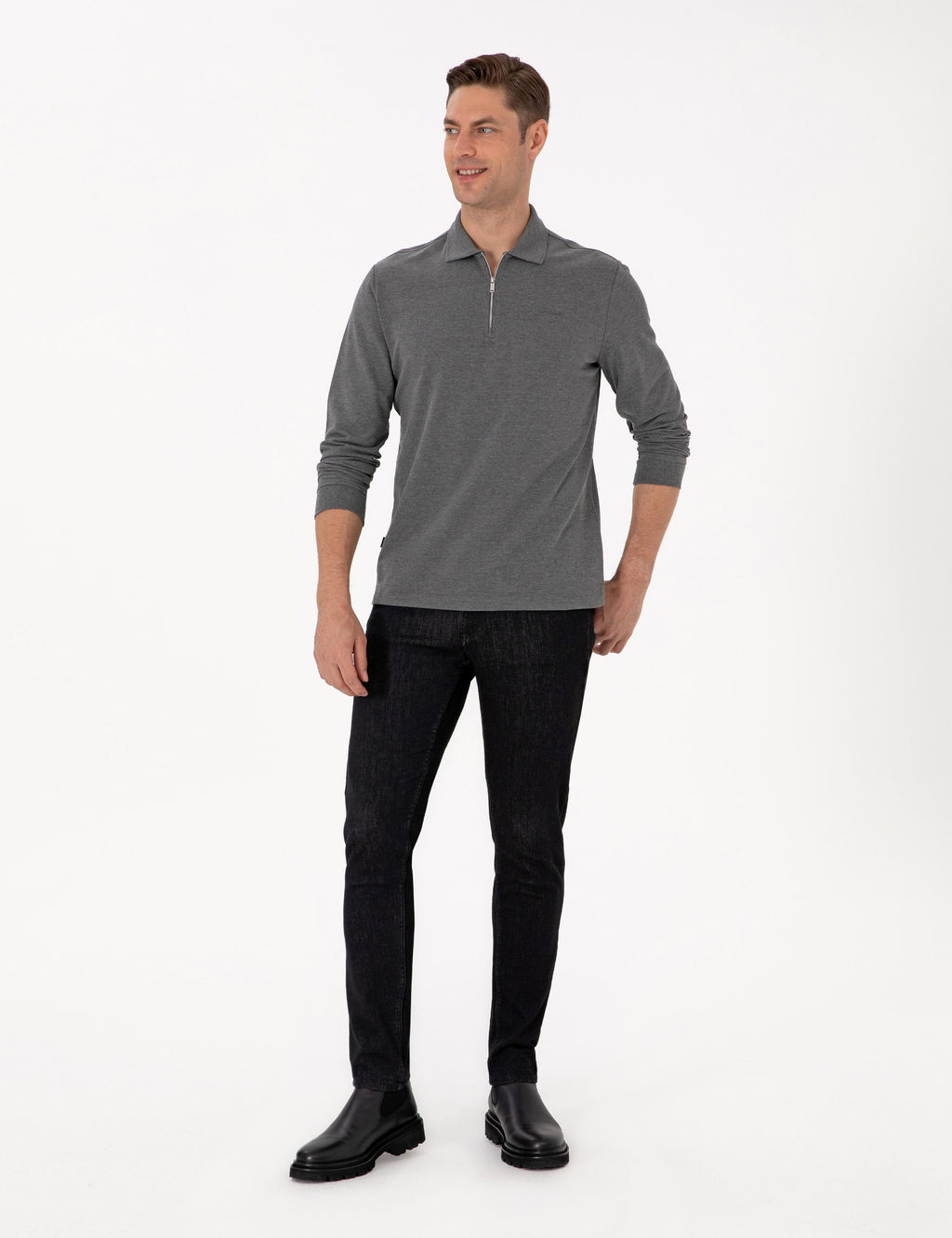 Antrasit Melanj Slim Fit K_vr_lmaz Fermuarl_ Polo Yaka Basic Pike Sweatshirt - Pierre cardin фото 4