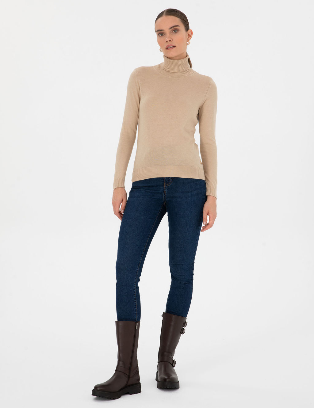 Bej Slim Fit Bal_k__ Yaka Basic Kazak