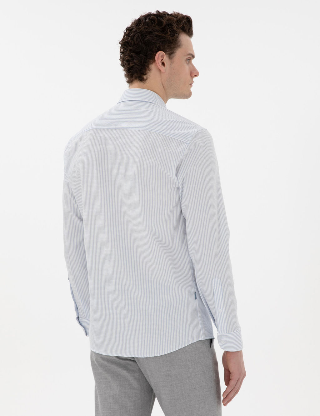 A__k Mavi Slim Fit _izgili Uzun Kollu G_mlek