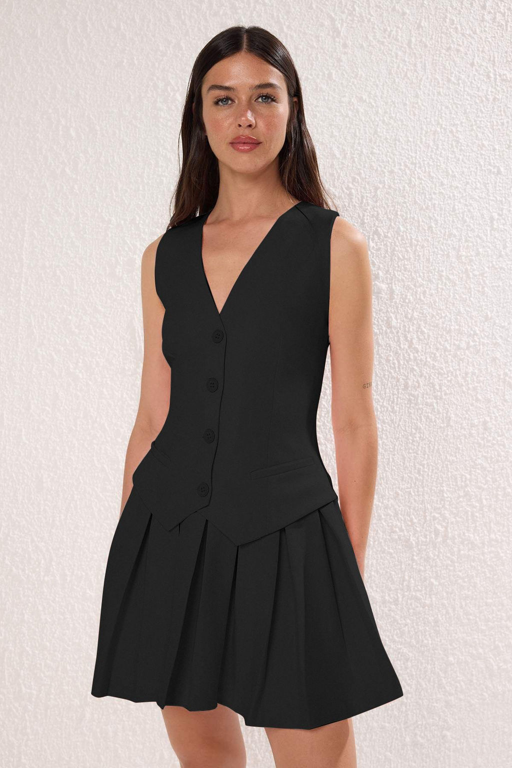 Siyah Duz Piliseli K?sa / Mini Dokuma Elbise TWOSS25EL00866 - Trendyolmilla фото 5