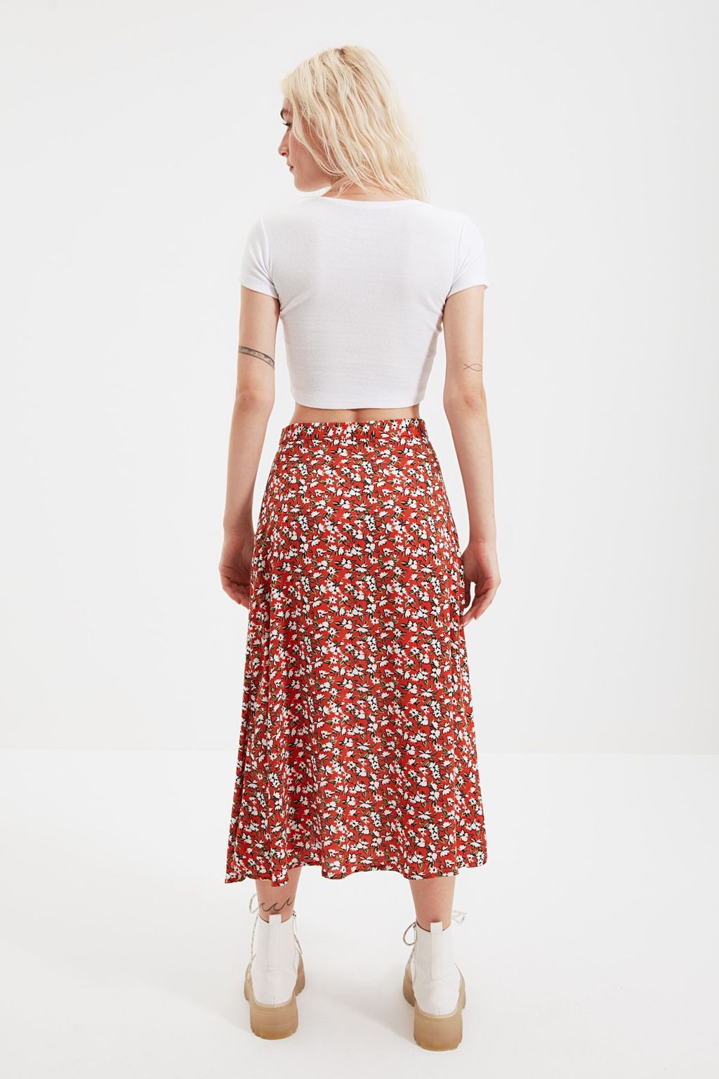 Kiremit Y?rtmac Detayl? Cicek Desenli Viskon Kumasl? Midi Boy Dokuma Etek TWOSS20ET0230