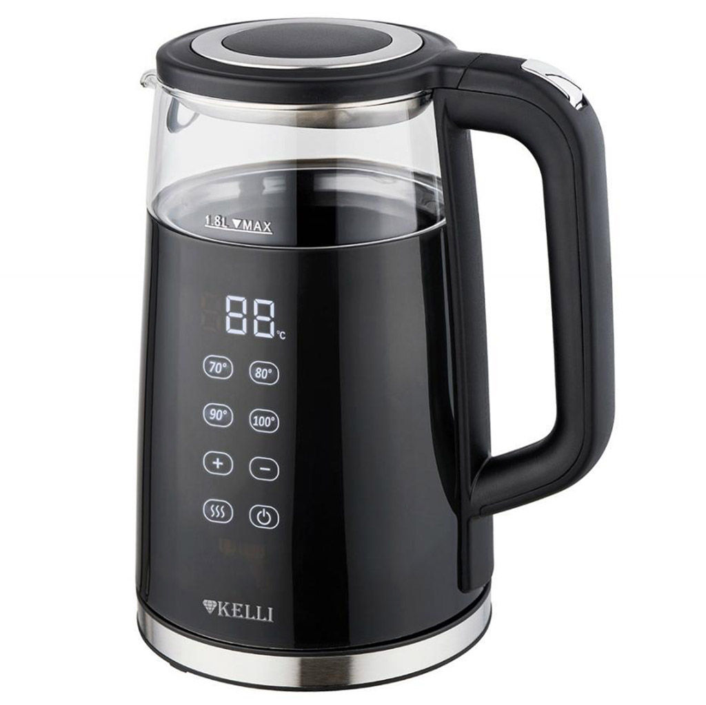 Чайник электрический "Kelli" 1,8л, комбинированный корпус стекло/пластик, автоматическое отключение, 4 режима температуры, функция поддержания температуры, поворачивающийся корпус на 360, закрытый нагревательный элемент, защита от перегрева