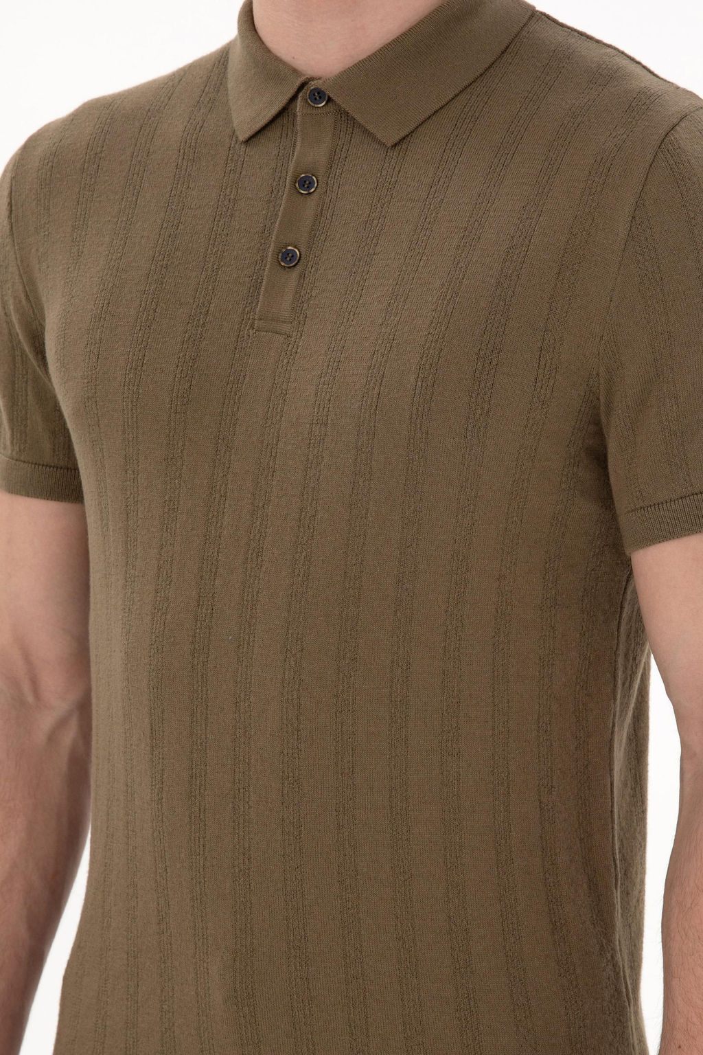 Erkek Slim Fit Polo Yaka Haki Triko Ti__rt