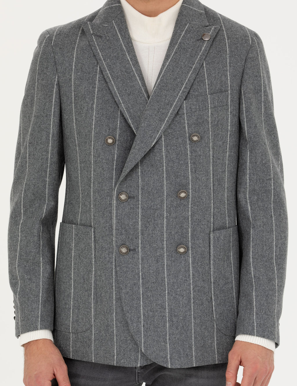 Gri Ex.Slim Fit %100 Y_n _izgili Kruvaze Ceket