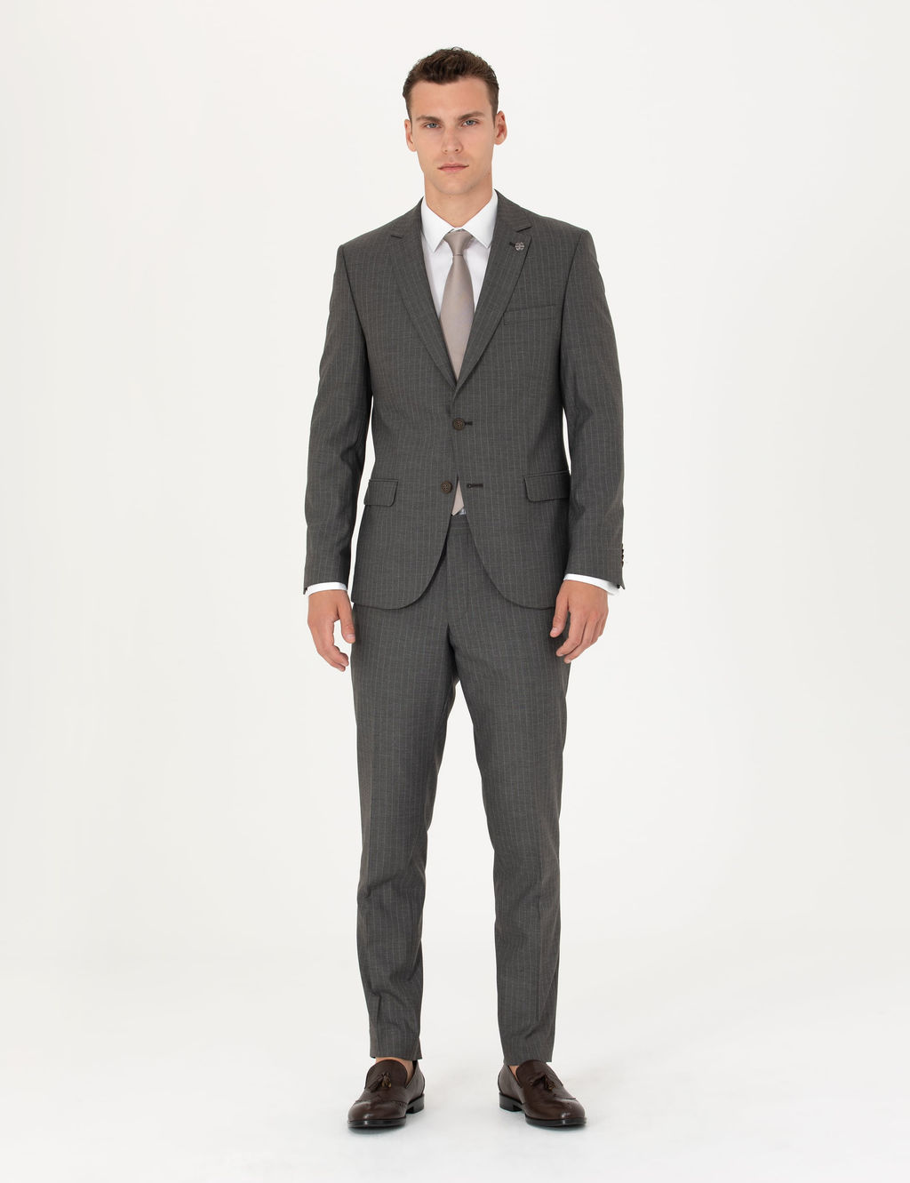 Kahverengi _izgili Ex.Slim Fit Tak_m Elbise