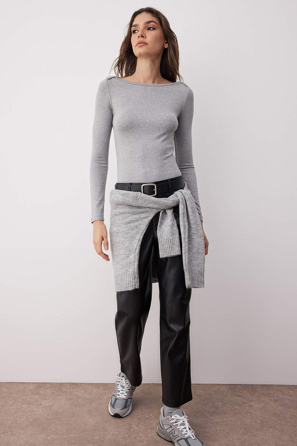 Gri Melanj Kay?k Yaka Vucuda Oturan Esnek Orme Bluz TWOAW26BZ00072 - Trendyolmilla фото 2