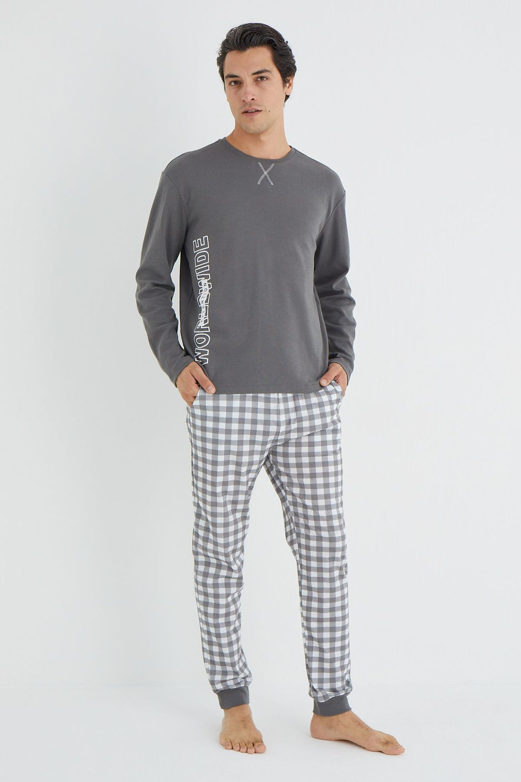 TRENDYOL MAN Antrasit Regular Fit Ekose Orme Pijama Tak?m? TMNAW25PT00064 - Trendyolmilla фото 4