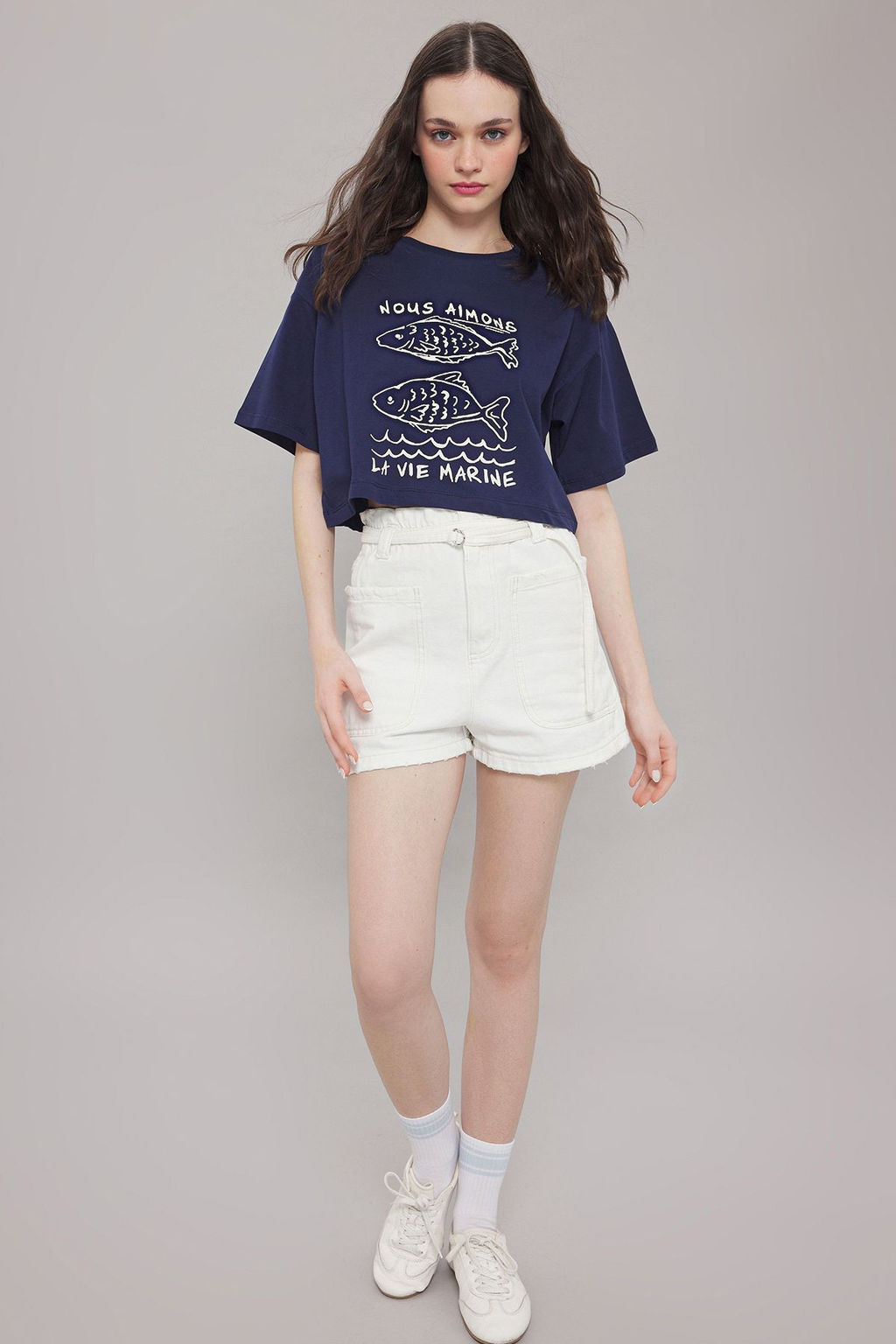 TRENDYOLMILLA Lacivert %100 Pamuk Relaxed/Rahat Kal?p Crop Bask?l? Orme T-Shirt TWOSS25TS00080 фото 2