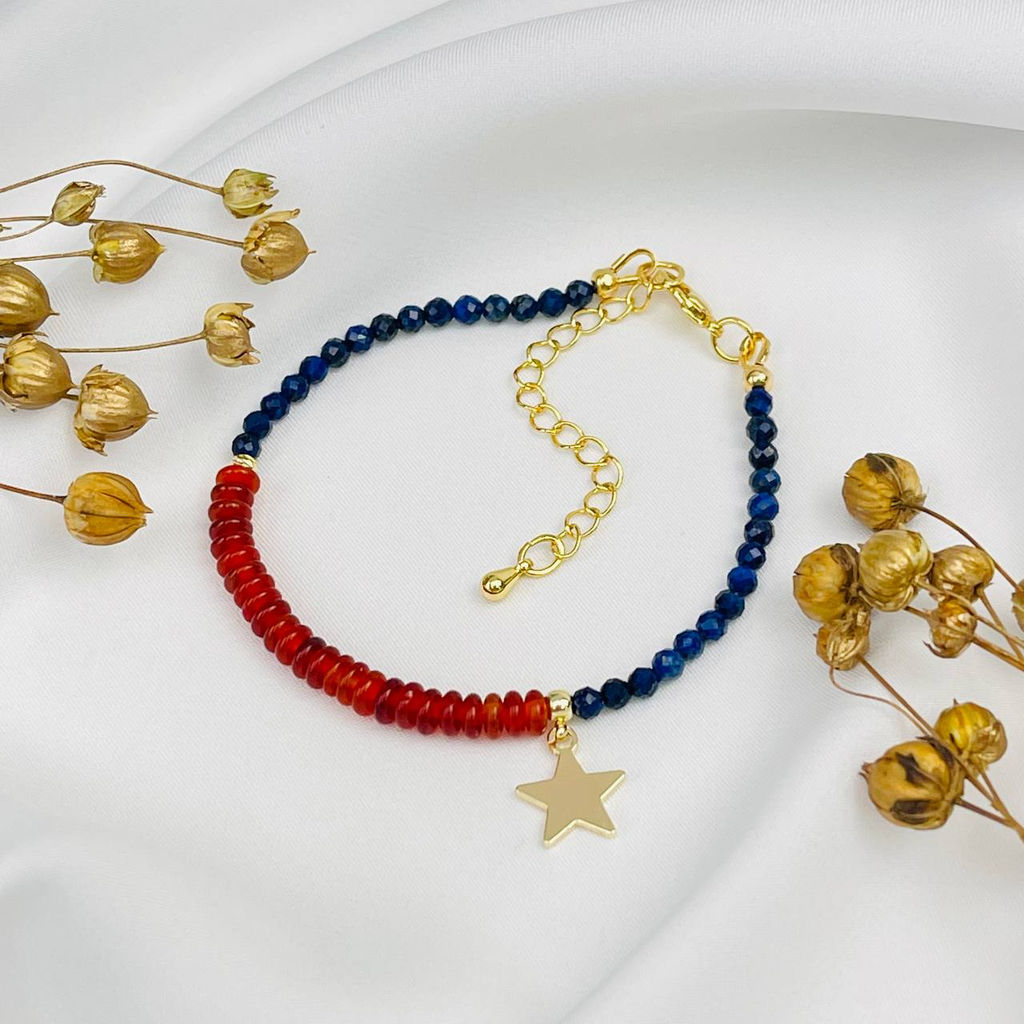 Браслет из Лазурита и Сердолика с подвеской "Звезда" 18,5 см +