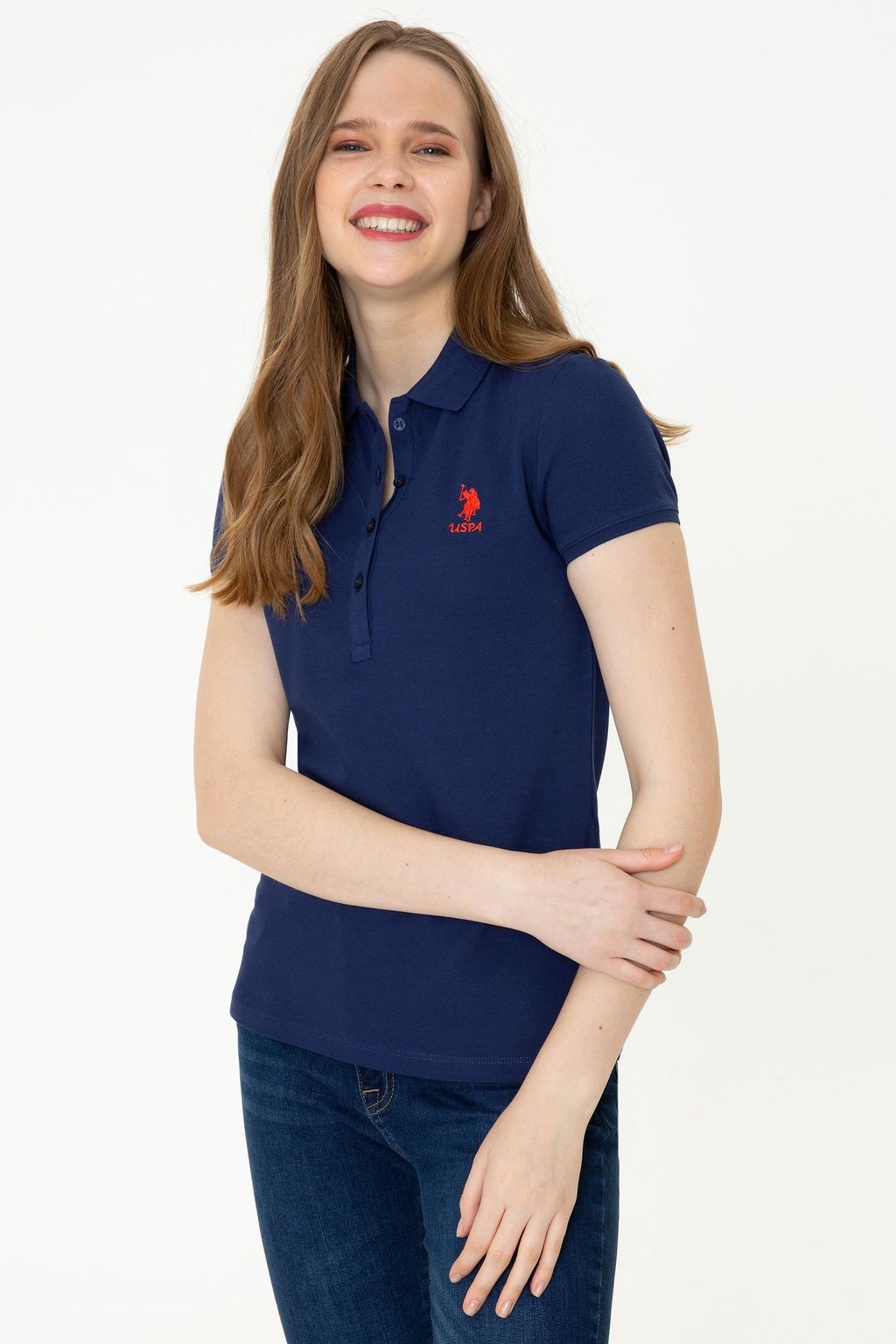 U. S. Polo Assn Женская темно-синяя базовая футболка с воротником-поло - U.s. polo assn фото 3