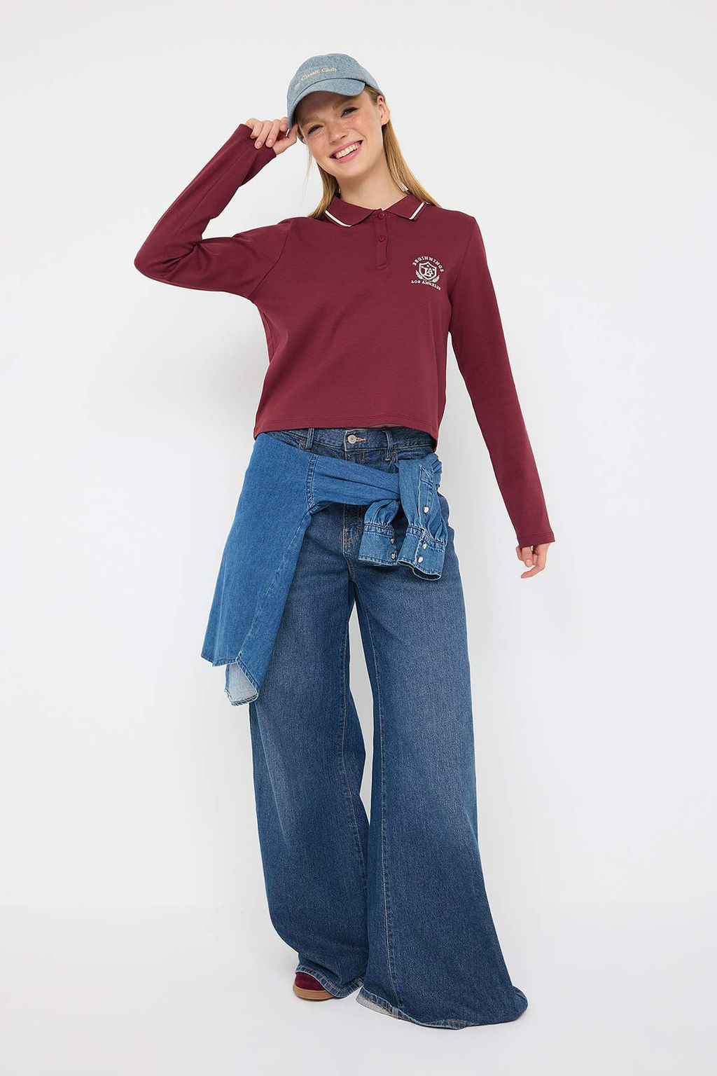 Teen Bordo Tok Kumasl? Nak?sl? Polo Yaka Dugmeli Regular/Standart Kal?p Orme Bluz TWOAW26BZ00014