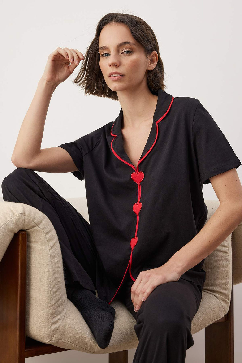 Siyah %100 Pamuklu Kalp Nak?sl? Orme Pijama Tak?m? THMAW26PT00143