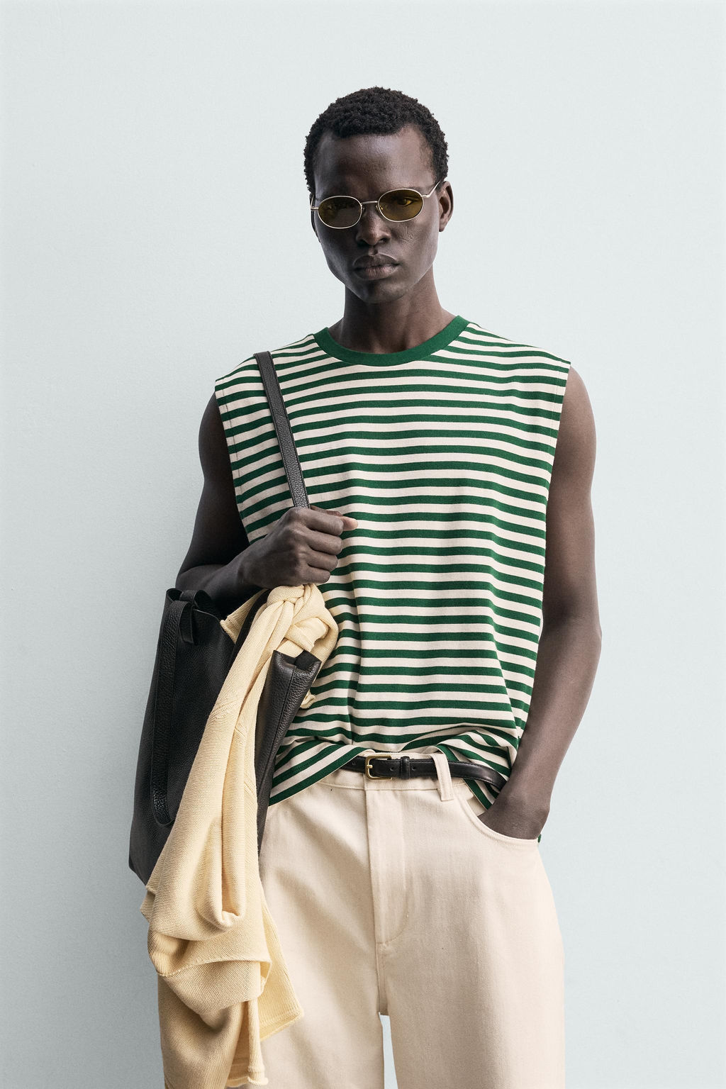 CAMISETA TANK JACQUARD RAYAS / Verde / Crudo