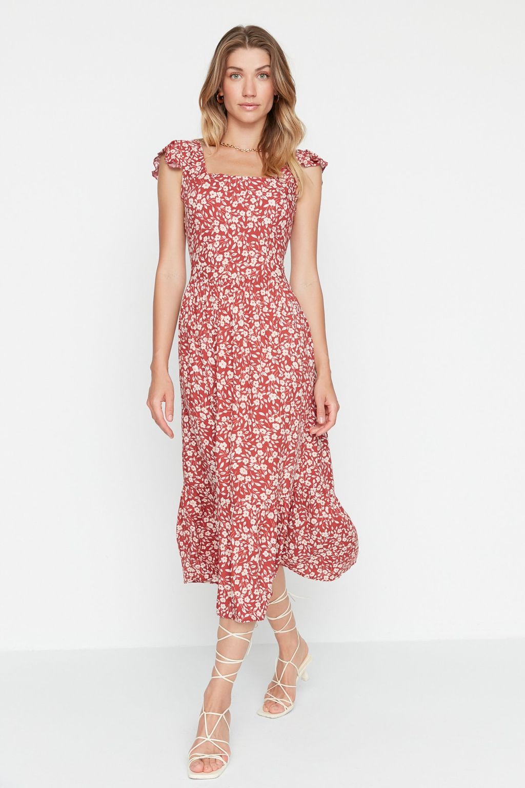 Kiremit Cicek Desenli Kare Yaka A Kesim Viskon Midi Dokuma Elbise TWOSS20EL3331