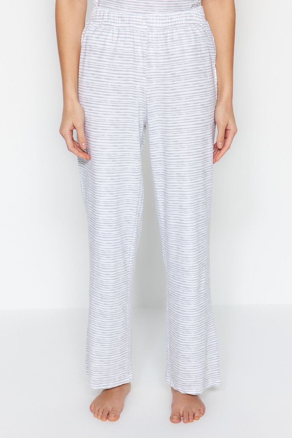 Trendyolmilla Pudra Pamuklu Cizgili Dantelli Ip Ask?l? Orme Pijama Tak?m? THMSS23PT00227 фото 13