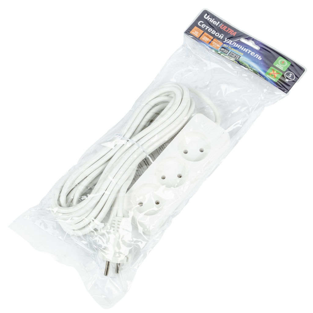 S-CU3-5 WHITE Удлинитель серии Ultra, шнур 5м., 3 гнезда, 10A, б/з. Белый. TM Uniel