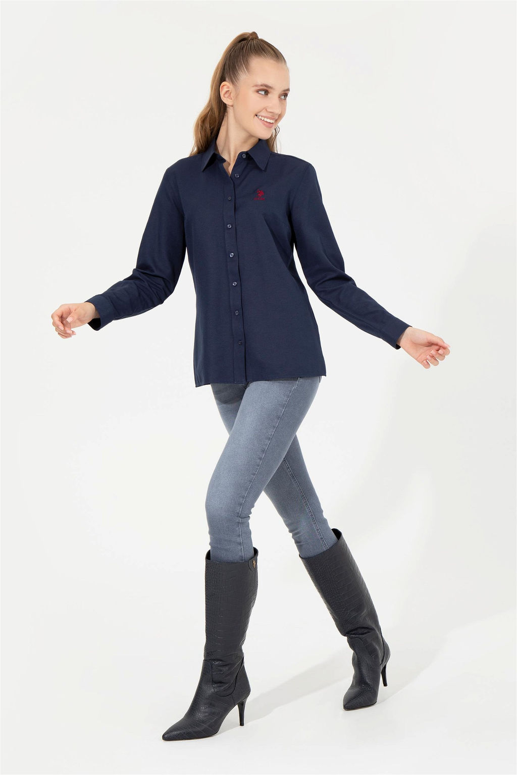 Женская темно-синяя рубашка с длинным рукавом, базовая - U.s. polo assn фото 10