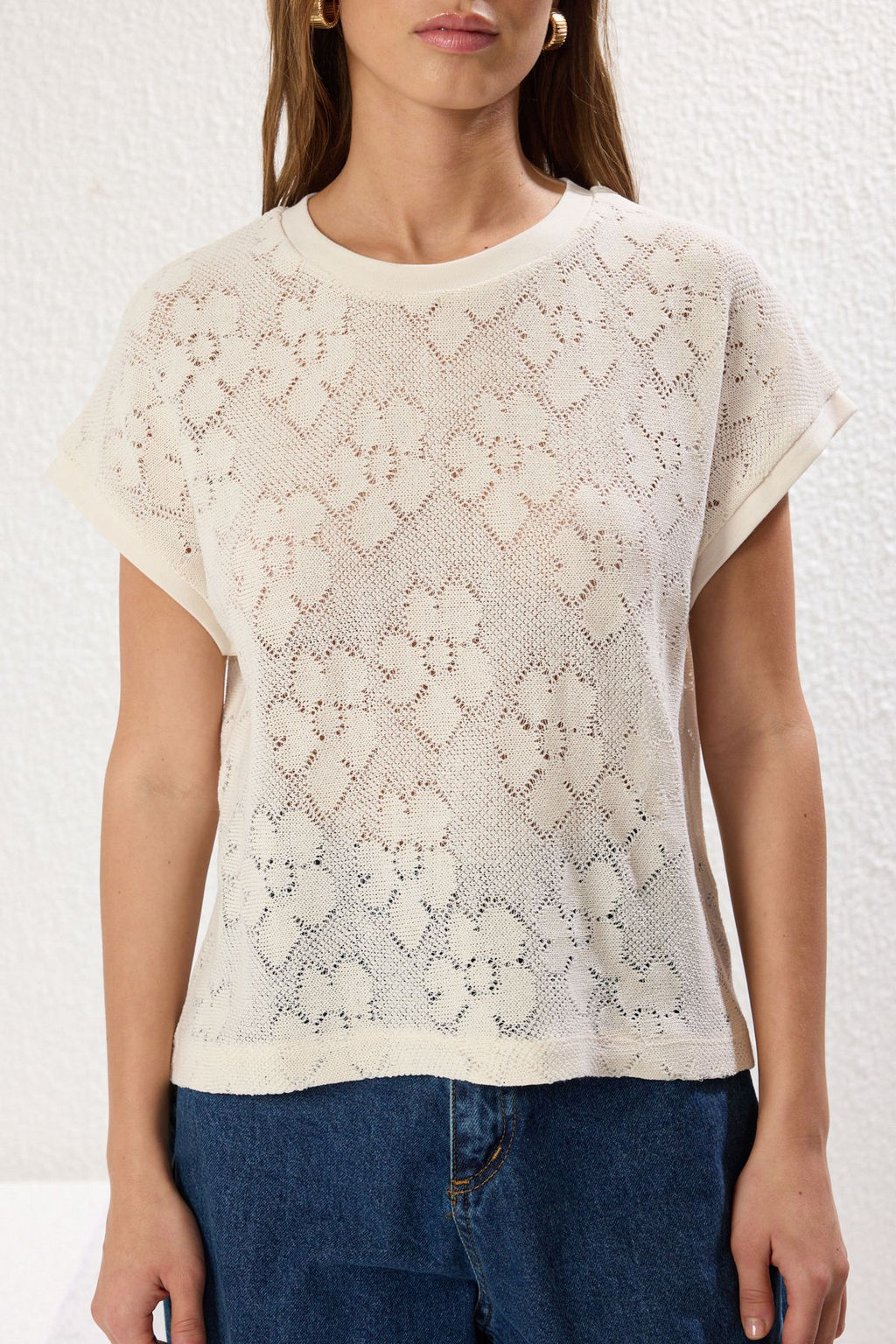 Ekru Jakarl? Regular/Normal Kal?p Buzgu/Drape Detayl? Esnek Orme Bluz TWOSS25BZ00155 - Trendyolmilla фото 3