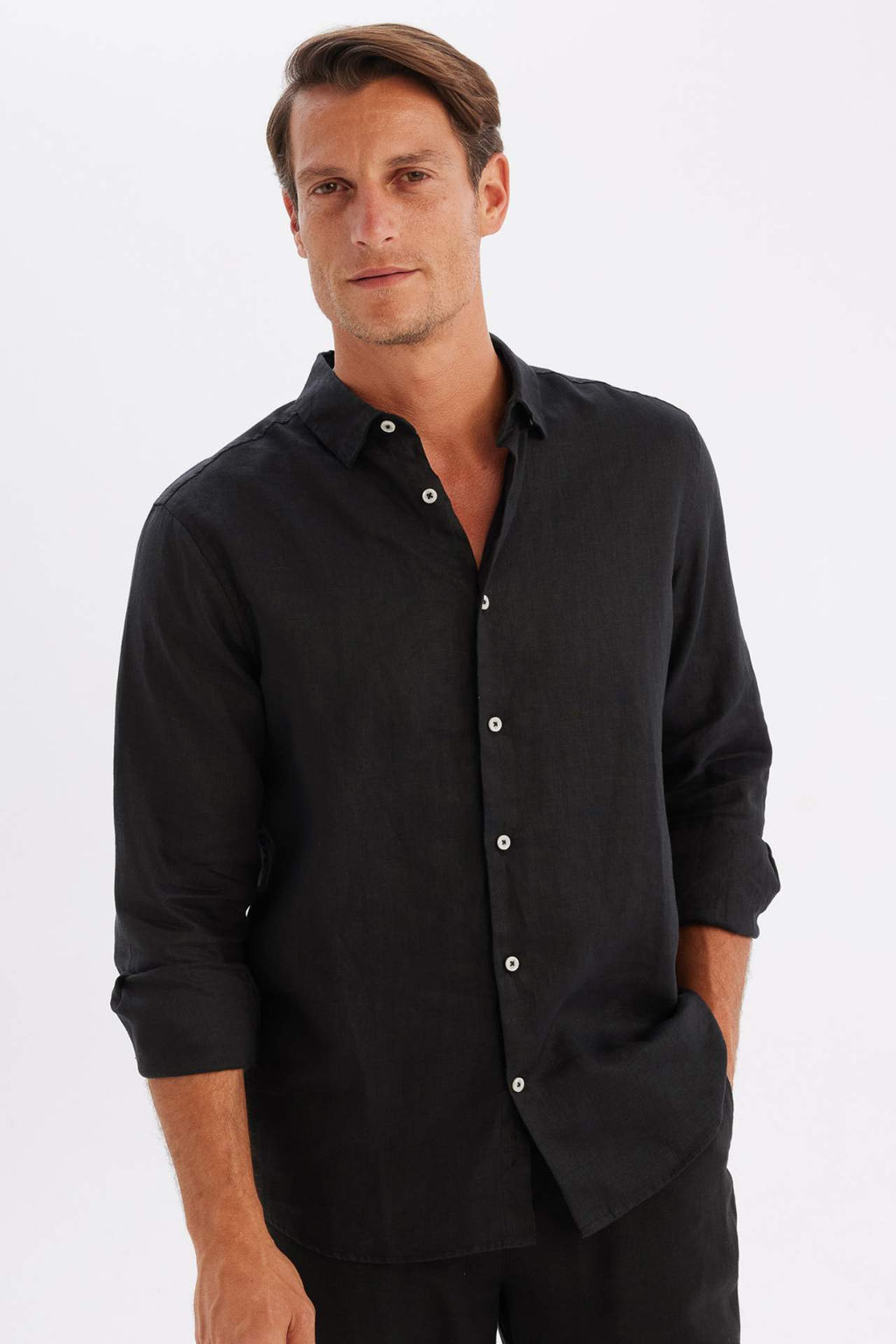 Regular Fit Polo Yaka Keten Basic Duz Uzun Kollu Gomlek - Defacto фото 4