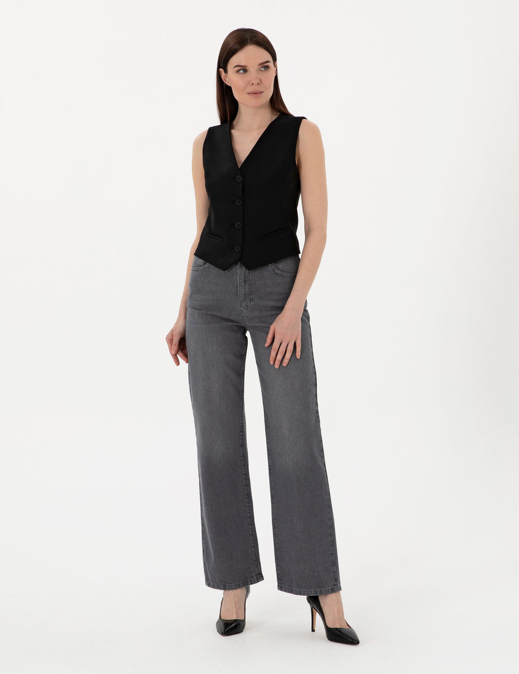 Antrasit High Waist Flare Fit Jean Pantolon