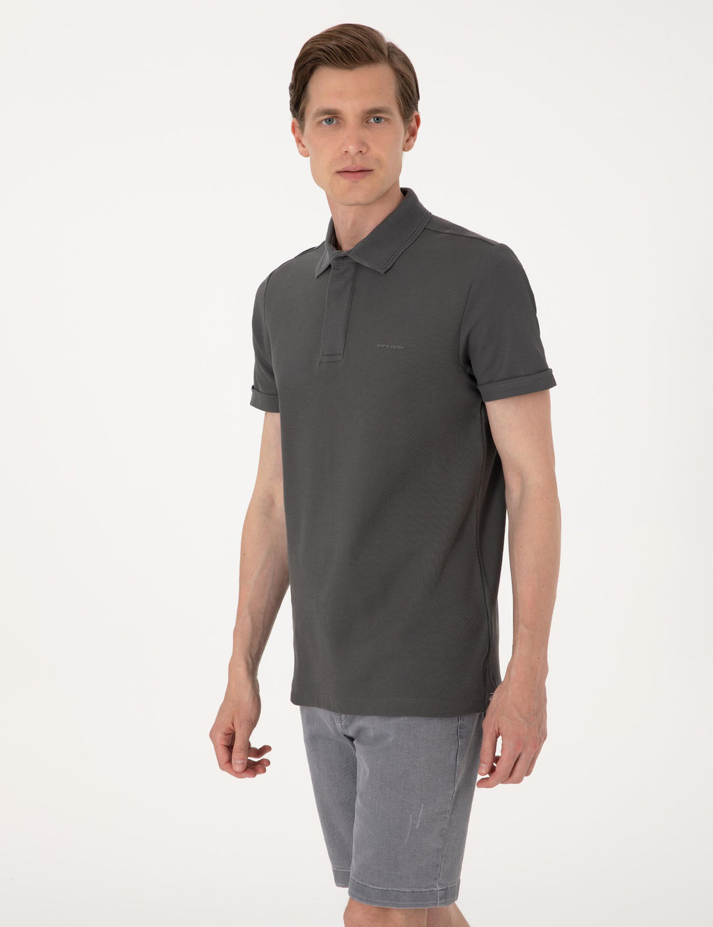 Gri Slim Fit %100 Pamuk K_vr_lmaz Amerikan Pike Polo Yaka Basic Ti__rt