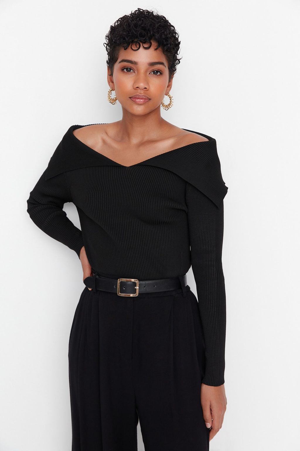 Siyah Carmen Yaka Triko Kazak TWOAW22KZ0993