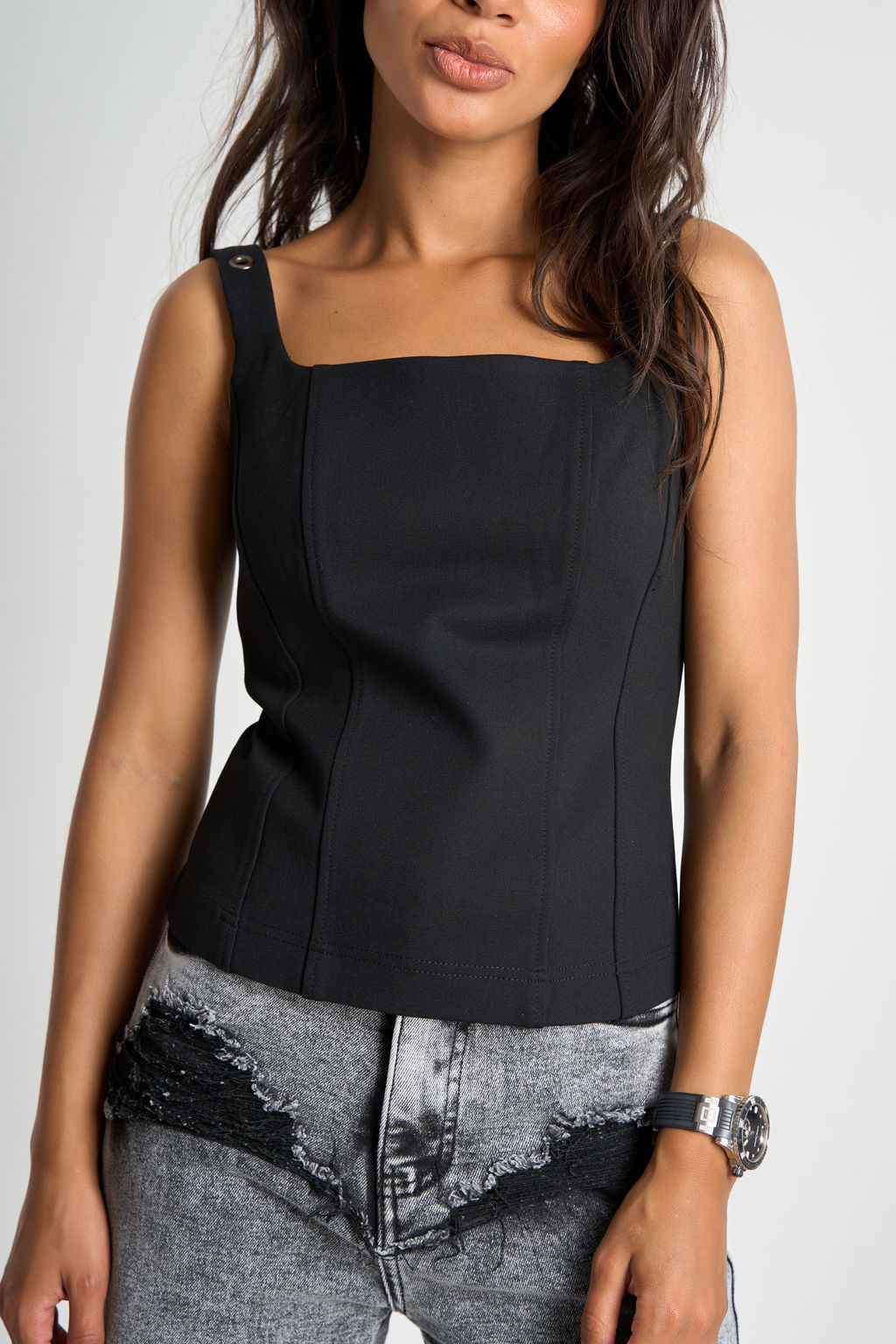 Топ корсет с люверсами на бретелях черный - Fly фото 7