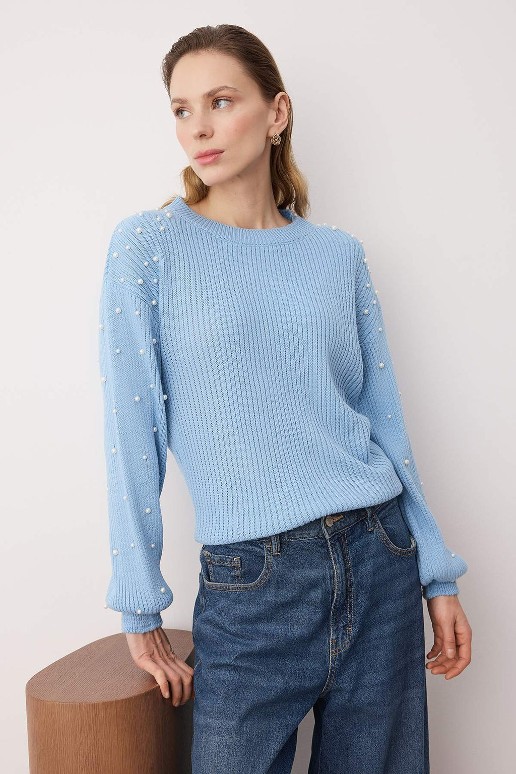 Ac?k Mavi Inci Detayl? Bisiklet Yaka Triko Kazak TWOAW22KZ1493