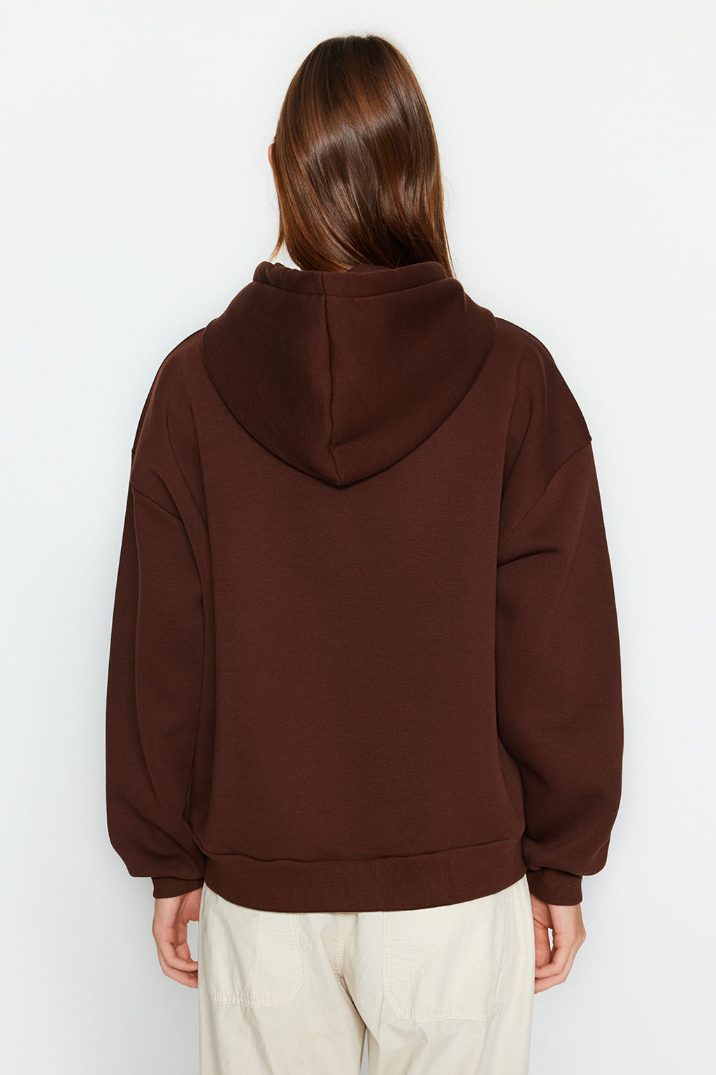 Kahverengi Oversize/Rahat Kesim Basic Kapusonlu Kal?n Ici Polarl? Orme Sweatshirt TWOAW24SW00188