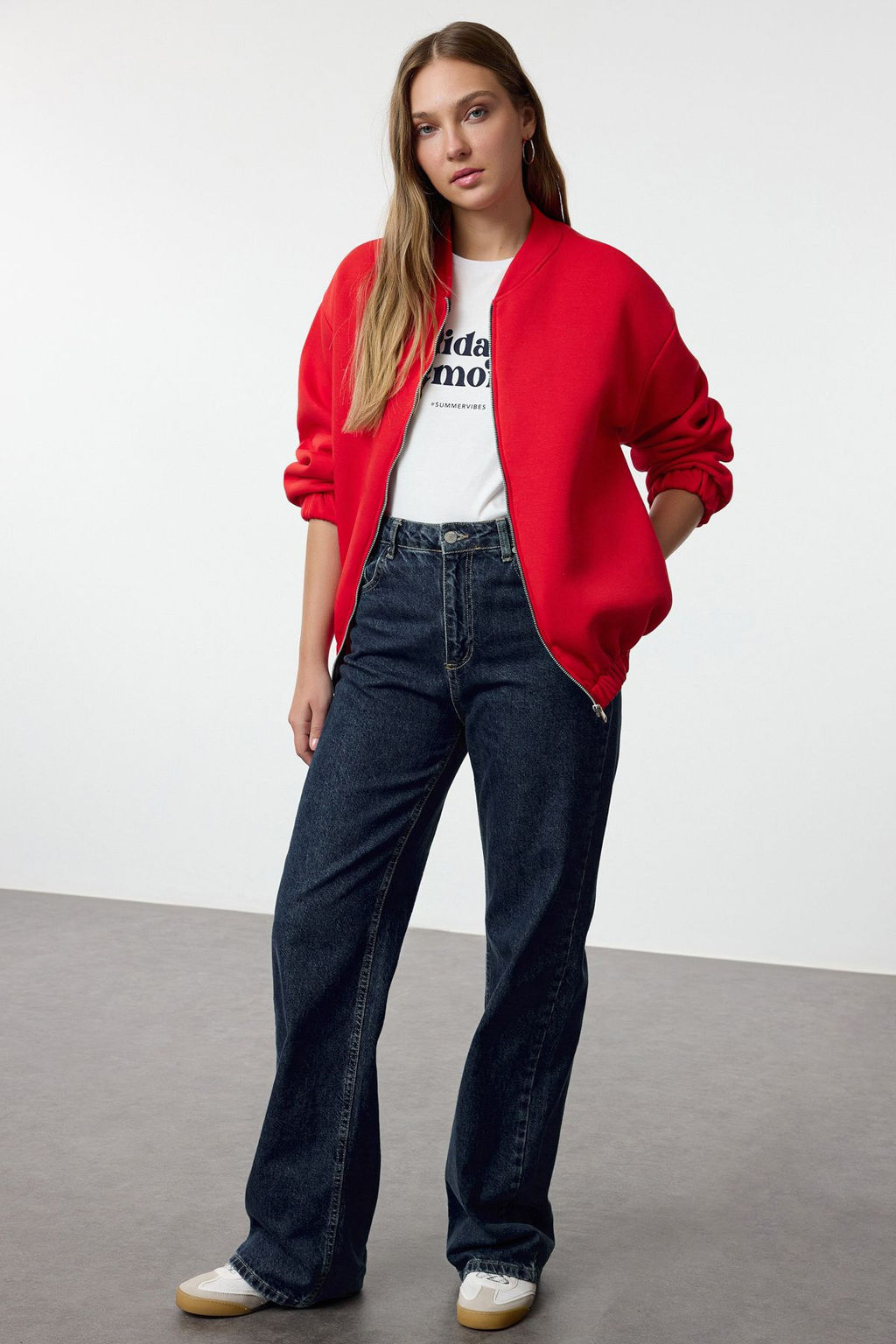 K?rm?z? Fermuarl? Oversize/Genis Kal?p Kal?n Ici Polarl? Orme Sweatshirt TWOAW25SW00122