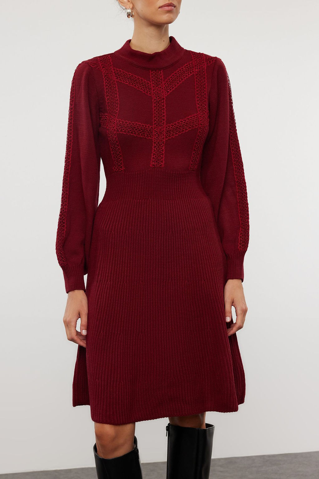 Bordo Mini Triko Dantelli Elbise TWOAW22EL0011