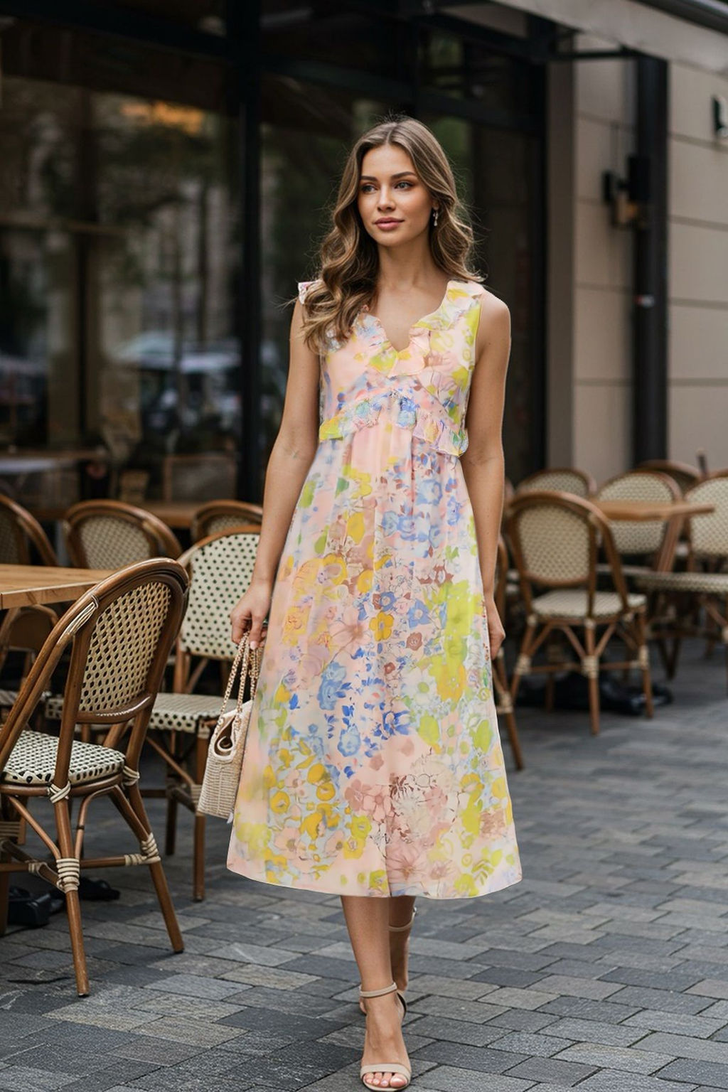 Lacivert Cicekli Etegi Belden Ac?lan F?rf?rl? Astarl? Sifon Midi Ucus Ucus Elbise TWOSS25EL00621 - Trendyolmilla фото 6