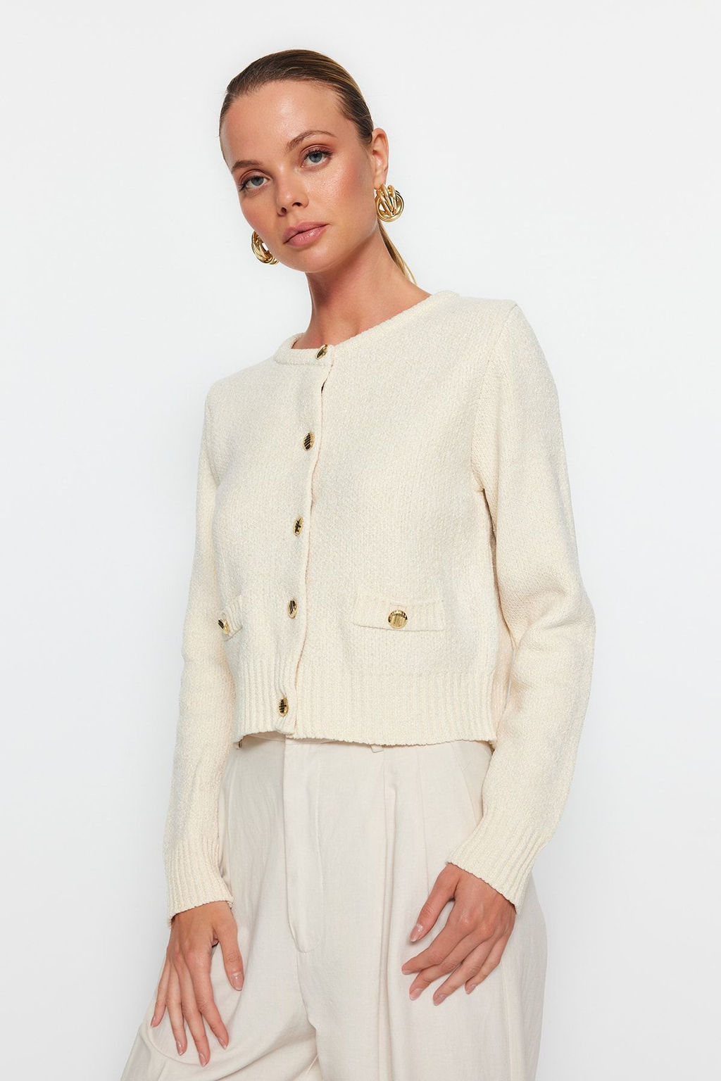 Ekru Crop Premium Iplik/Ozel Iplik Cep Detayl? Triko H?rka TWOAW24HI00051