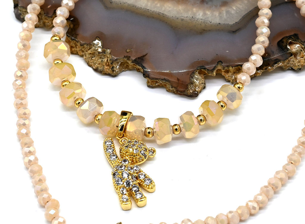 Чокер из циркона с подвеской Мишка рондель 3*2мм цв.персиковый, 39см