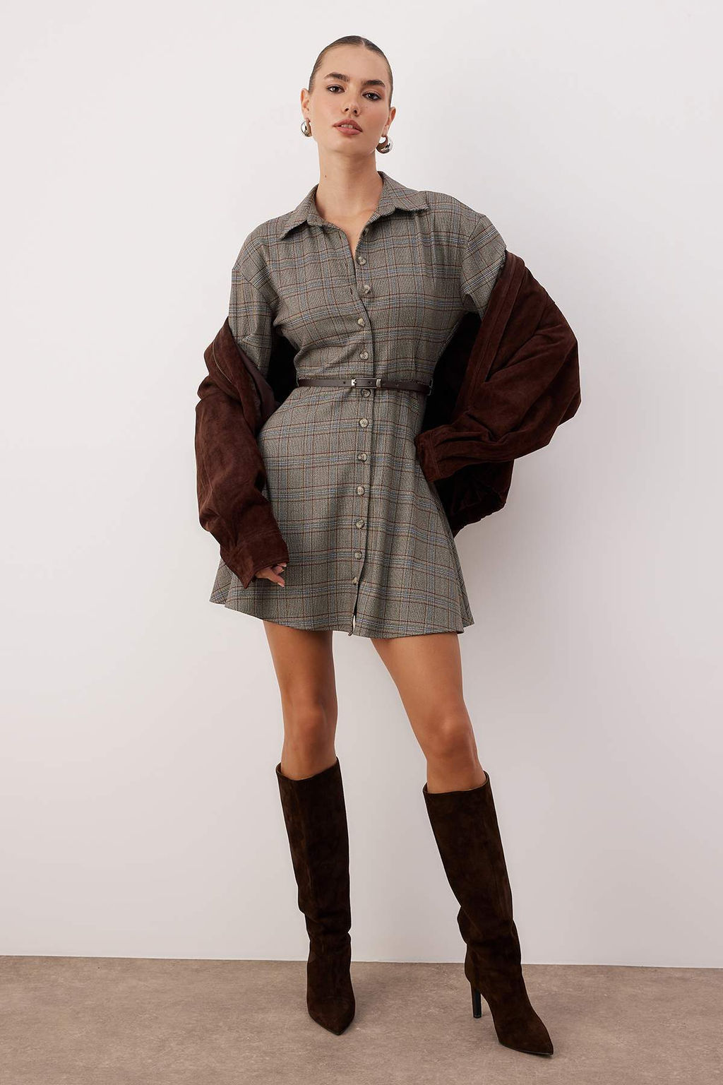 Kahverengi Kemerli Ekose / Kareli Kemerli K?sa / Mini Dokuma Elbise TWOAW26EL00185