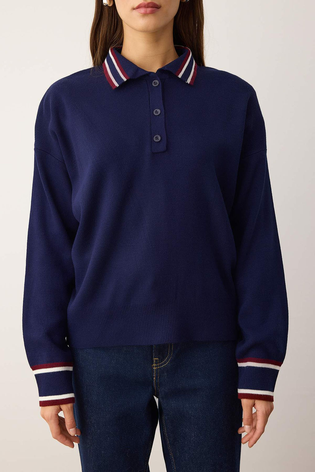 Lacivert Renk Bloklu Polo Yaka Triko Kazak TWOAW26KZ00238 - Trendyolmilla фото 3