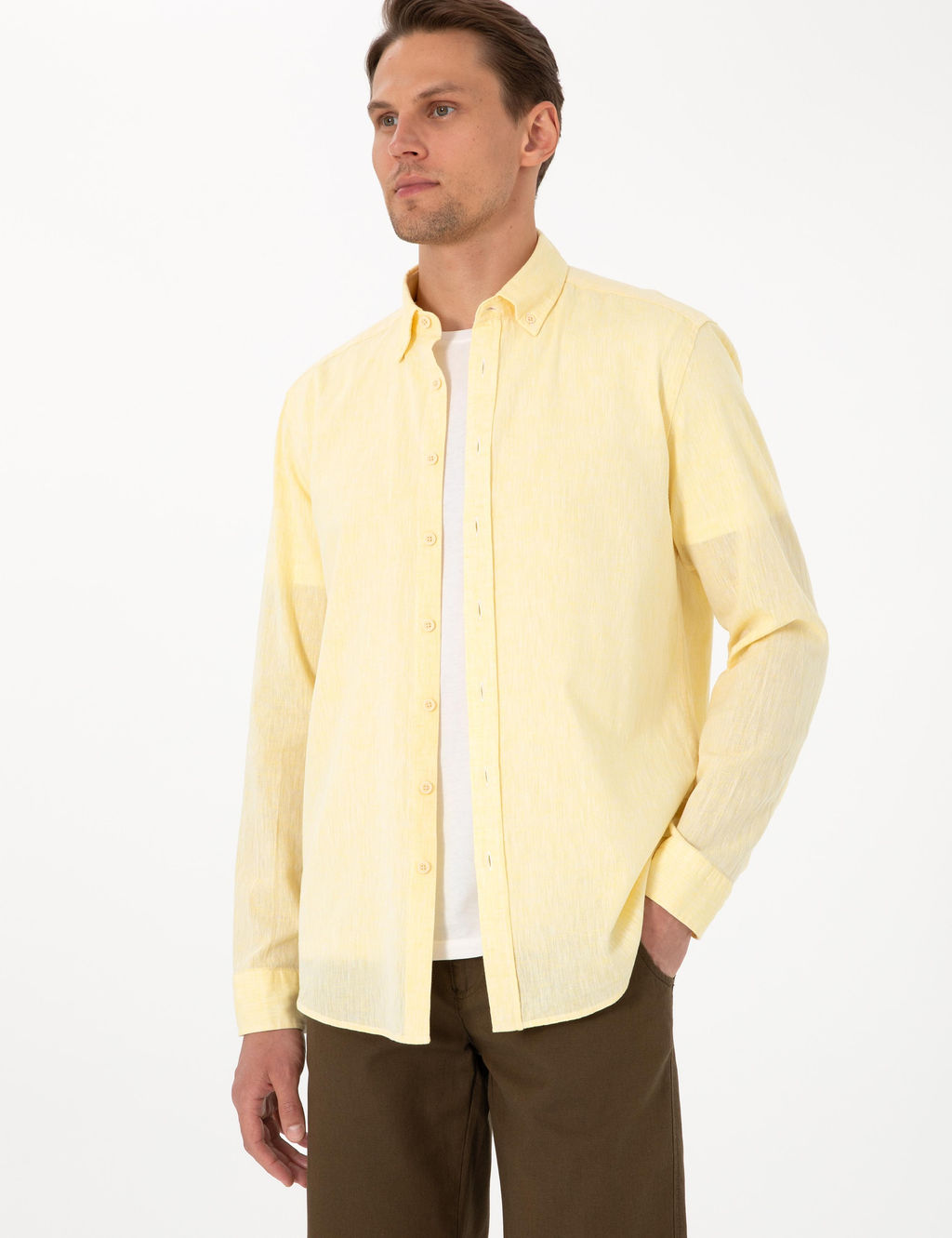 Рубашка Pierre Cardin Regular Fit желтая с льном
