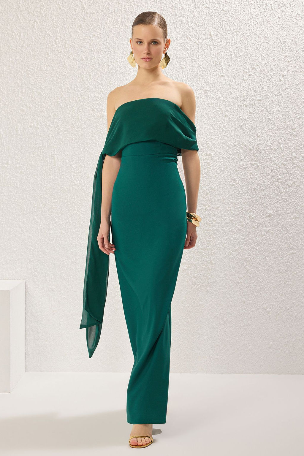 TRENDYOLMILLA Ac?k Mavi Carmen Yaka Dokuma Uzun S?k Abiye Elbise TPRSS25AE00115 фото 6